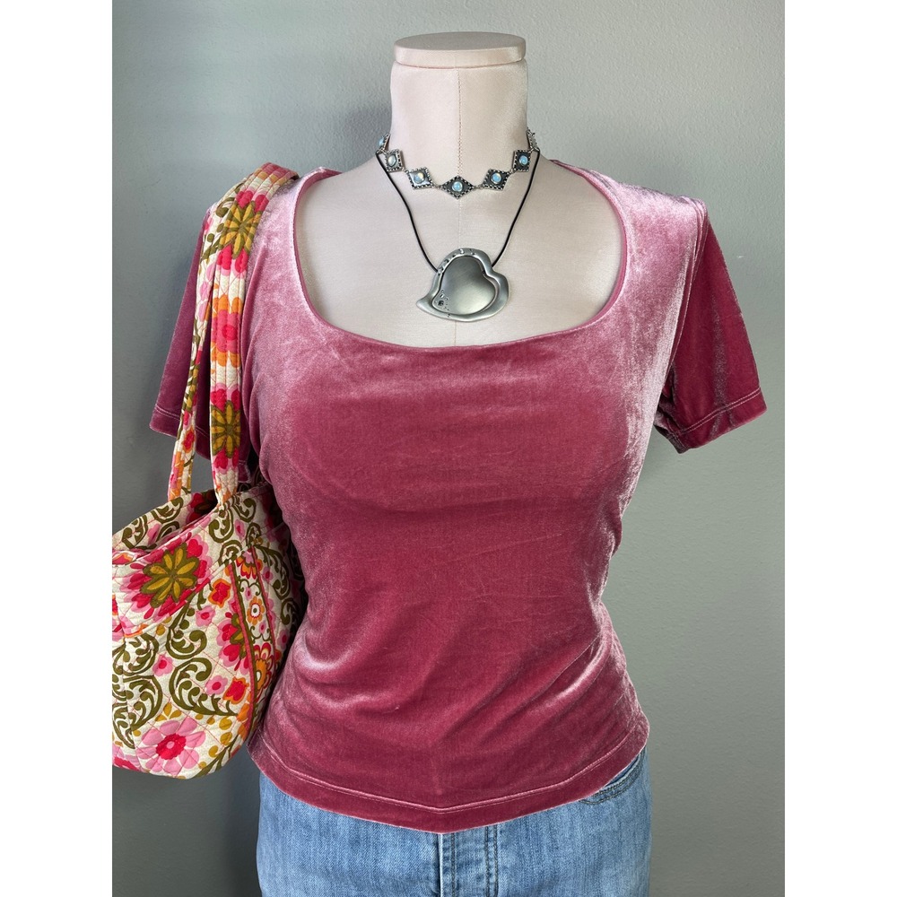 Moda International Short Sleeve Top Pink Velvet Scoop Neck Vintage 90s Y2K Large